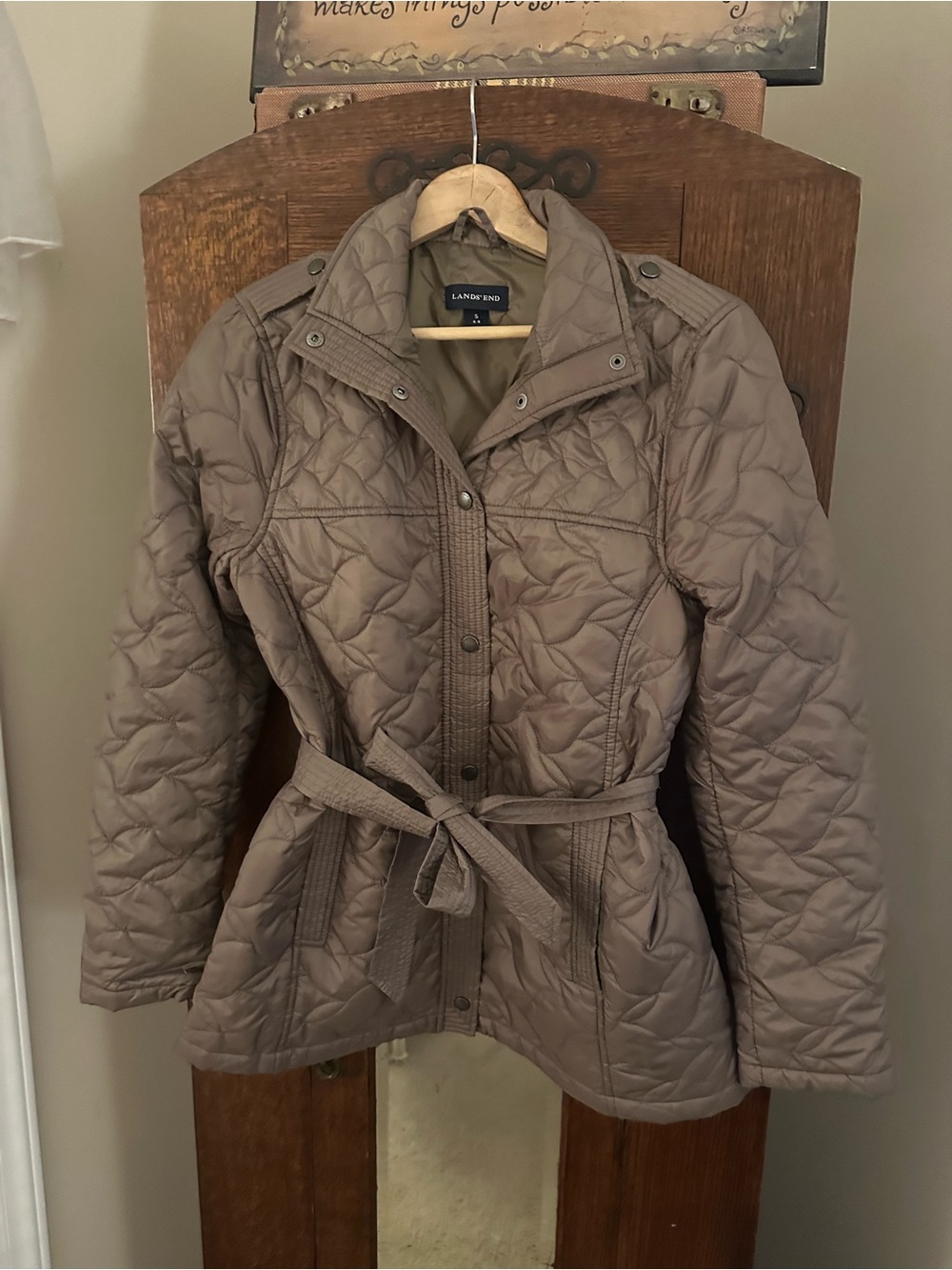 LANDS' END Quilted Belted Jacket - Taupe Size Small